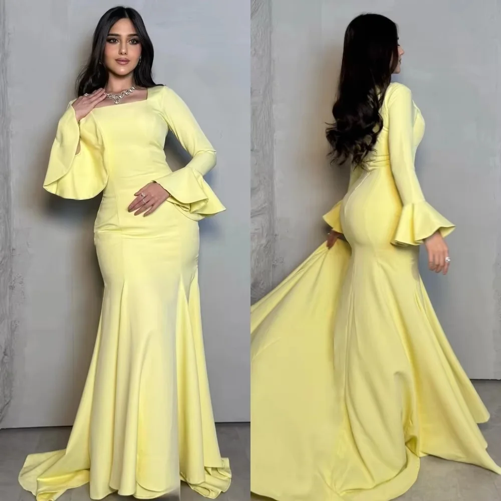 

Customized Square Neck Evening Dress Satin Flare Sleeve Gorgeous Prom Dresses Formal Occasion Long Sleeve Party Gown Robe Soiree