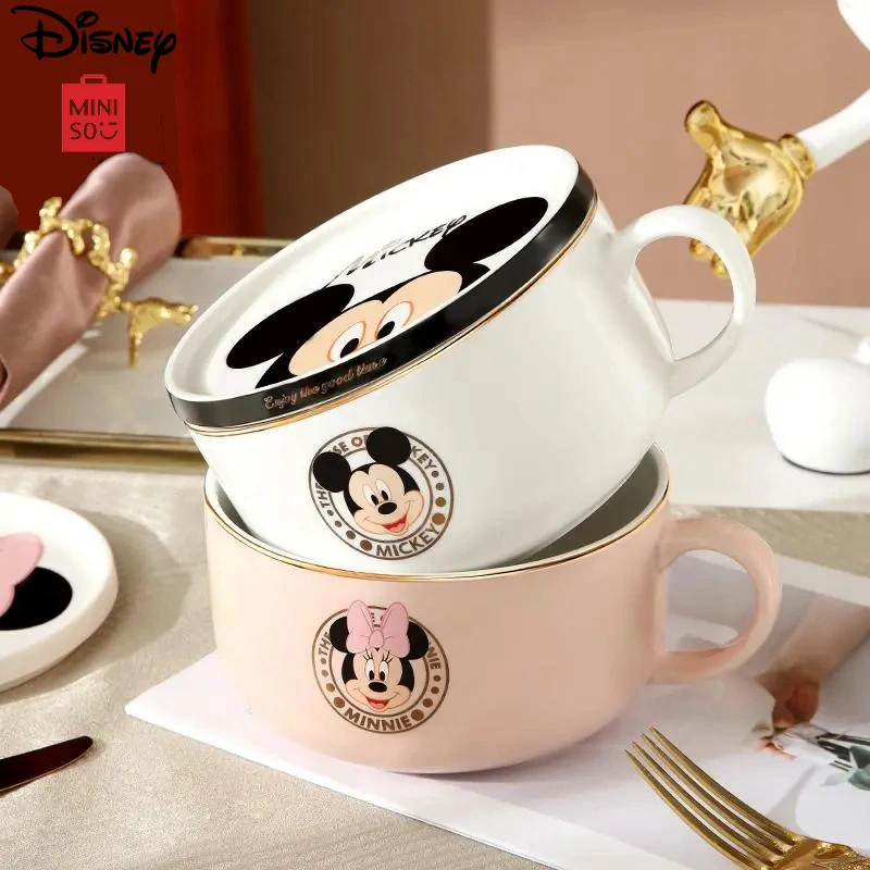 Miniso Disney Mickey Ramens Bowl Cute Printing Handle Bowl Cartoon Minnie Ceramiczne miski na sałatki Kawaii z pokrywką Zastawa kuchenna