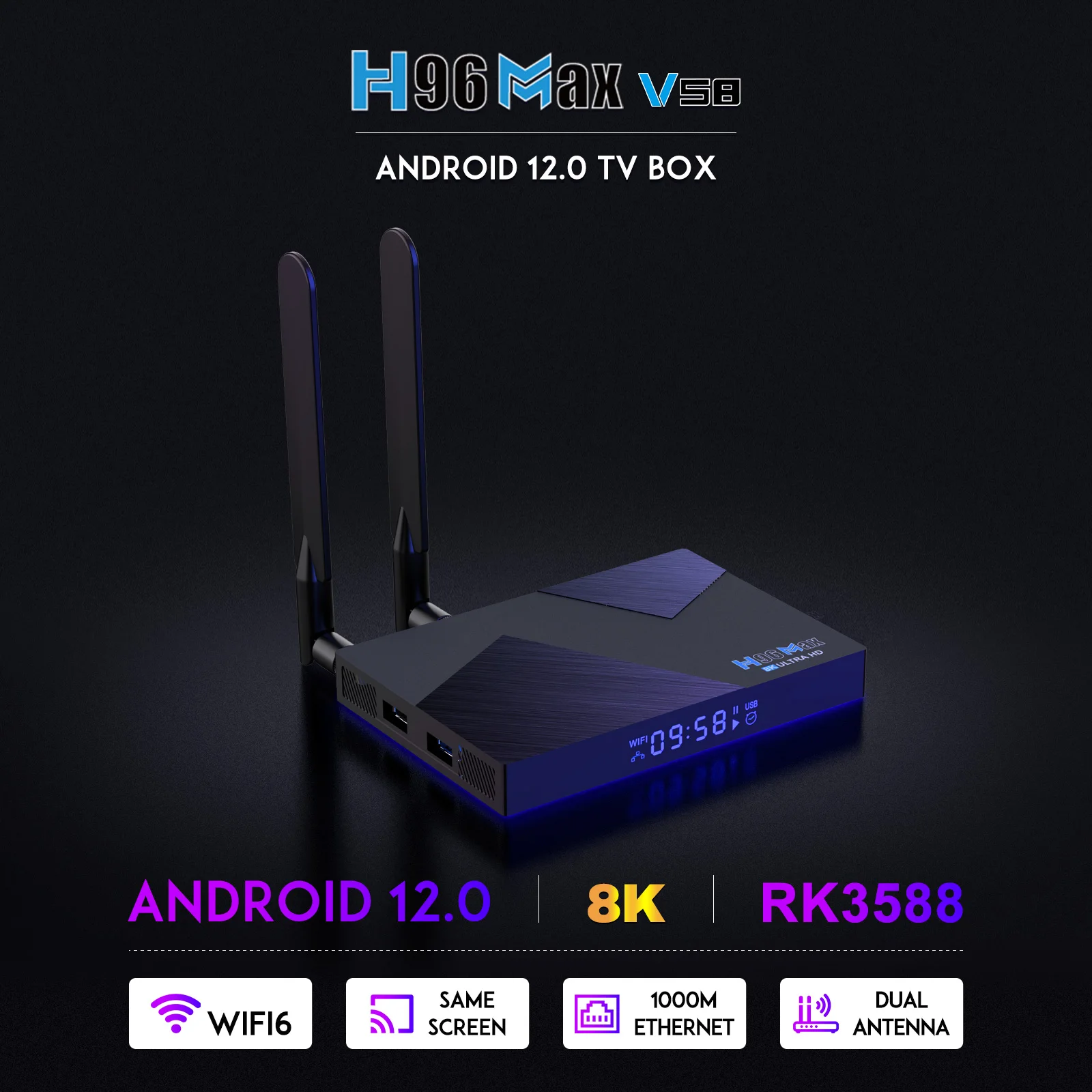 H96 MAX V58 TV Box Rockchip RK3588 Android 12 Octa Core 6TOPS NPU 8GB DDR4 RAM 64GB ROM 1000M Ethernet WIFI6 5G Dual WIFI 8K