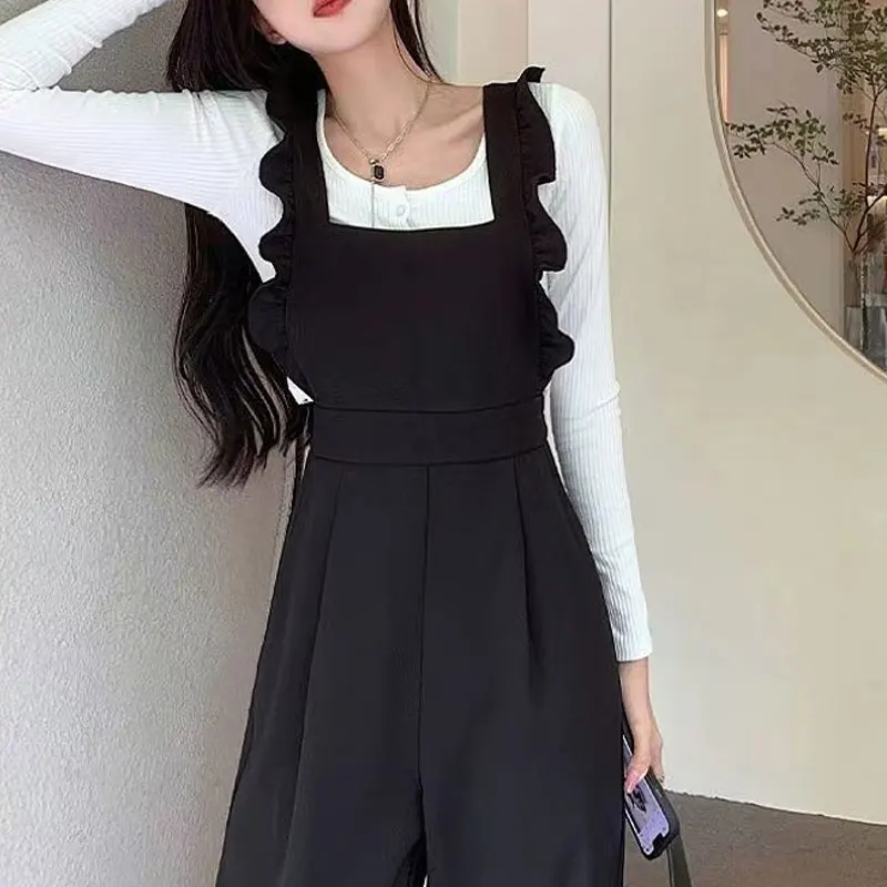 Thin Solid Black Lacing Loose Casual Office Lady Simplicity Women's Clothing Straight Wide Leg Pants Two-piece Suit Jumpsuits