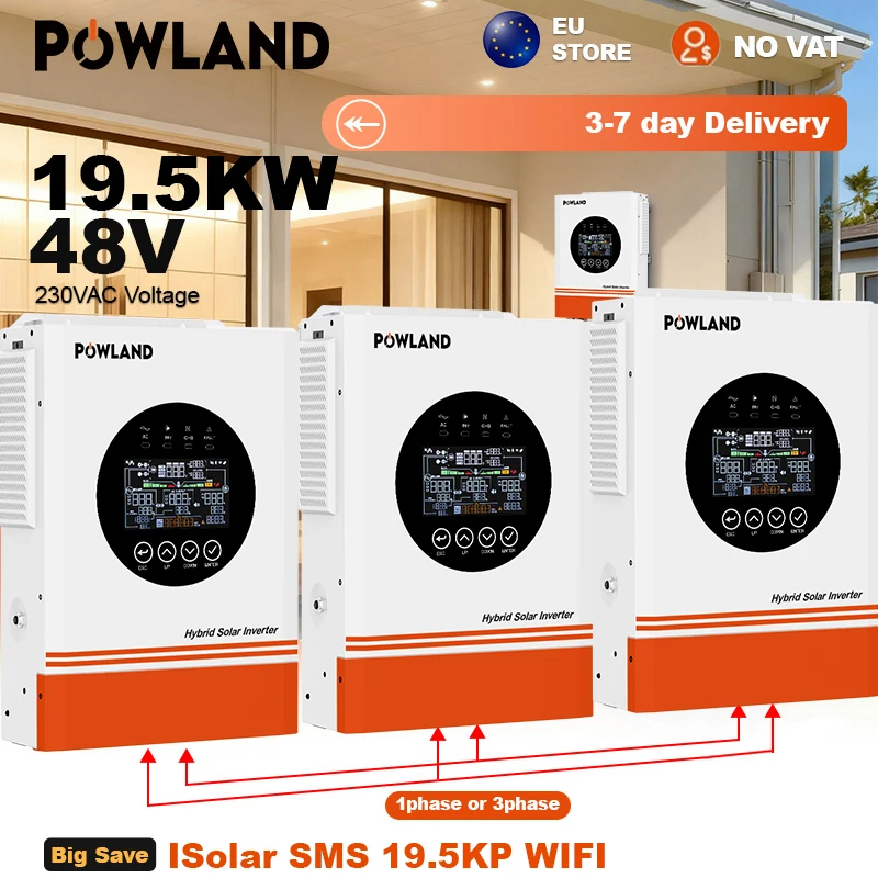 POWLAND 19,5KW Hybrid-Solarwechselrichter MPPT 220V/380V 3-Phasen-Wechselrichter-Ladegerät 120A PV-Eingang 500Vdc 27000W 48VDC DC/AC WLAN BMS