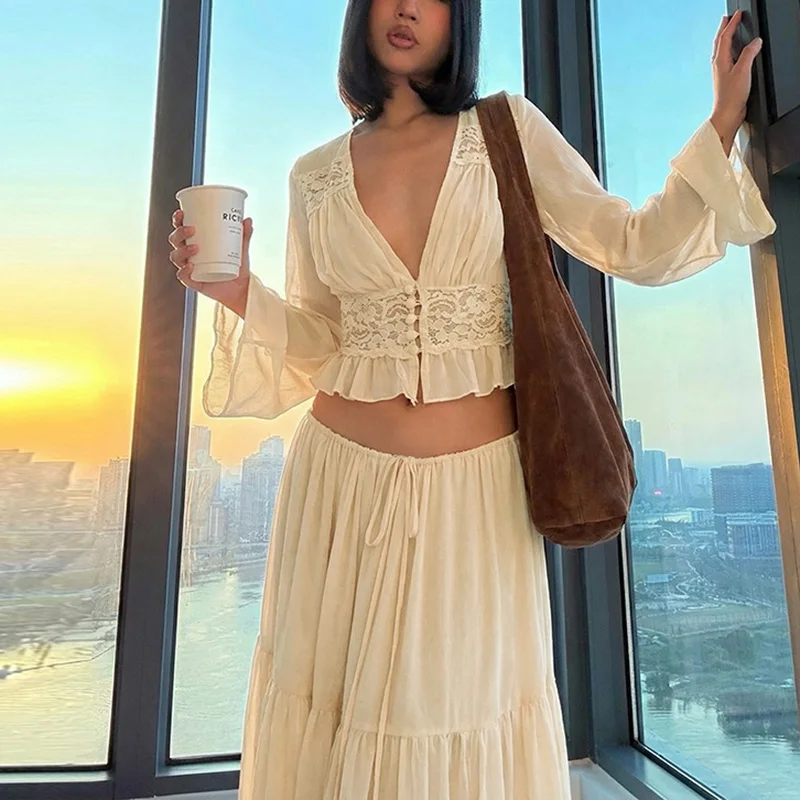 Ticketsx-Conjunto de vestido elegante para mujer, Top Sexy de retazos de encaje con botones, vestido transparente con cordones, conjunto de vestido Vintage para vacaciones en la calle