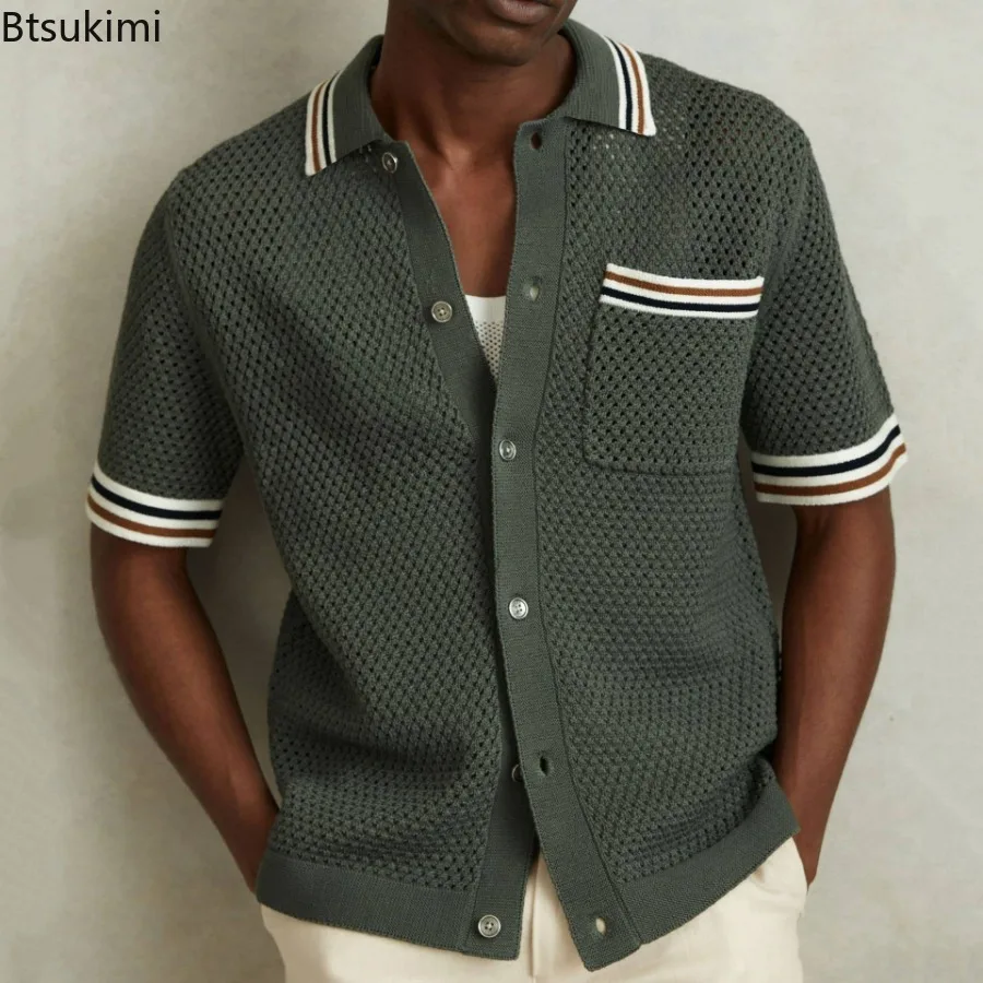 2025 Spring Summer Men's Short Sleeve Polo Shirt Knitted Slim Business Cardigan Shirt Streetwear Casual Tops Camisa Masculina - Image 6