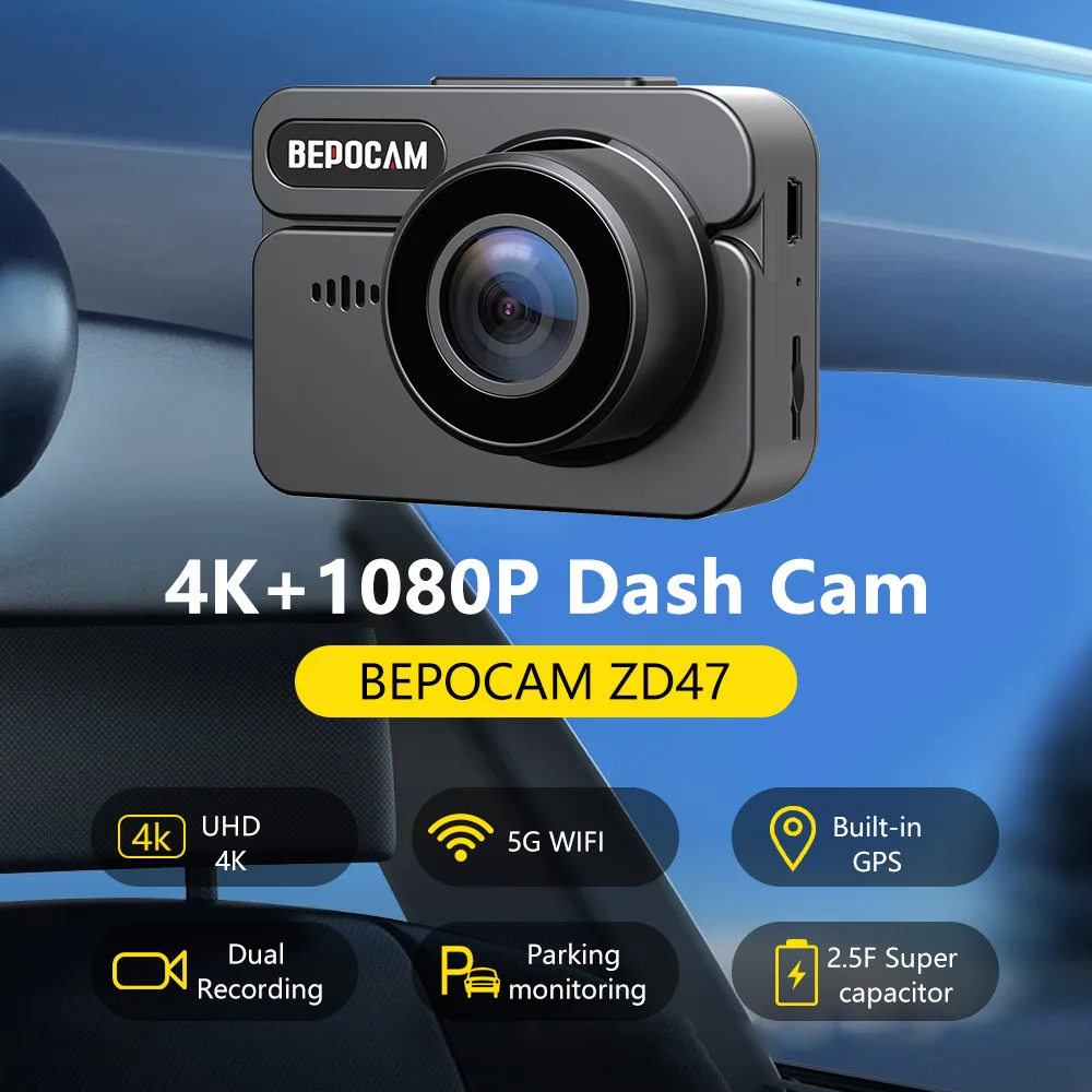 BEPOCAM ZD47B 4K Dash Cam Front and Rear Built-in WiFi GPS Dash Camera for Cars DVR Recorder 24H Parking Monitor Free 64GB Card