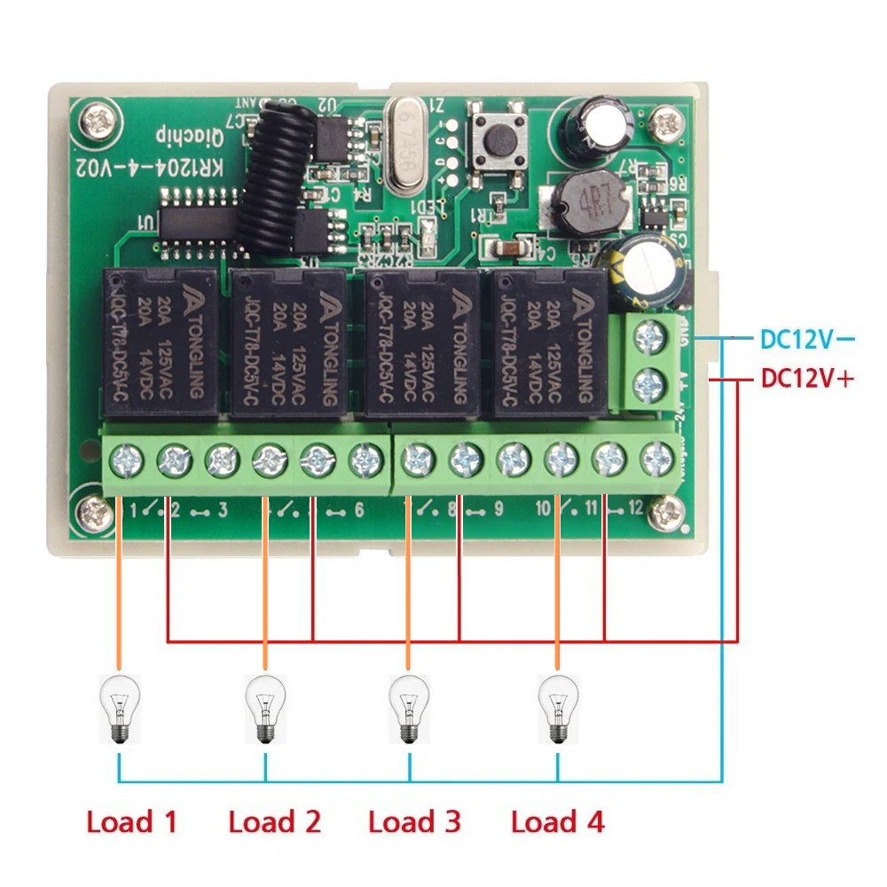 QIACHIP 433MHz Receiver Wireless Remote Control Switch Motor Controller DC 6V 12V 24V 30V 4 Gangs Relay Module Transmitter Diy