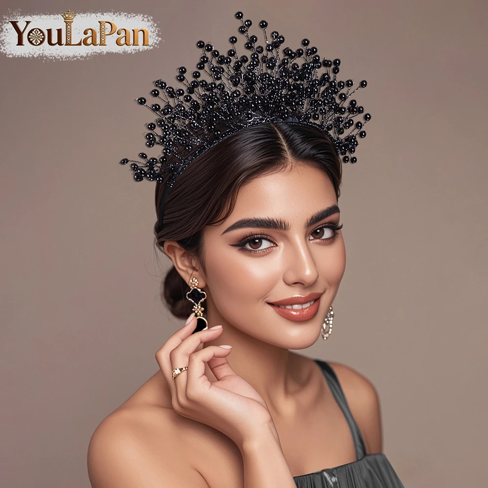 YouLaPan Luxury Black Color Pearl Crown Headband Handmade Beaded Hairband Women Bridal Wedding Prom Party Headdress A297