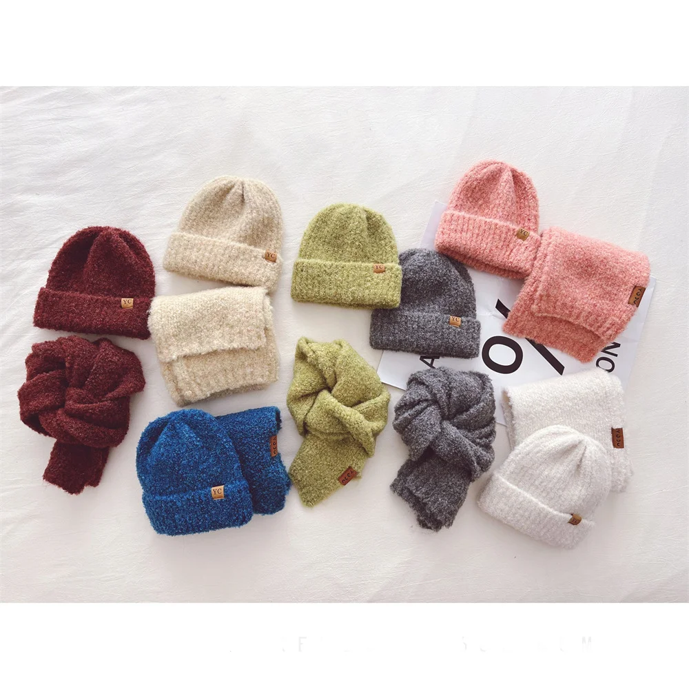 Minimalist style children's scarf cap autumn and winter loop yarn cowhide label trendy children's baby warm knitted scarf hat