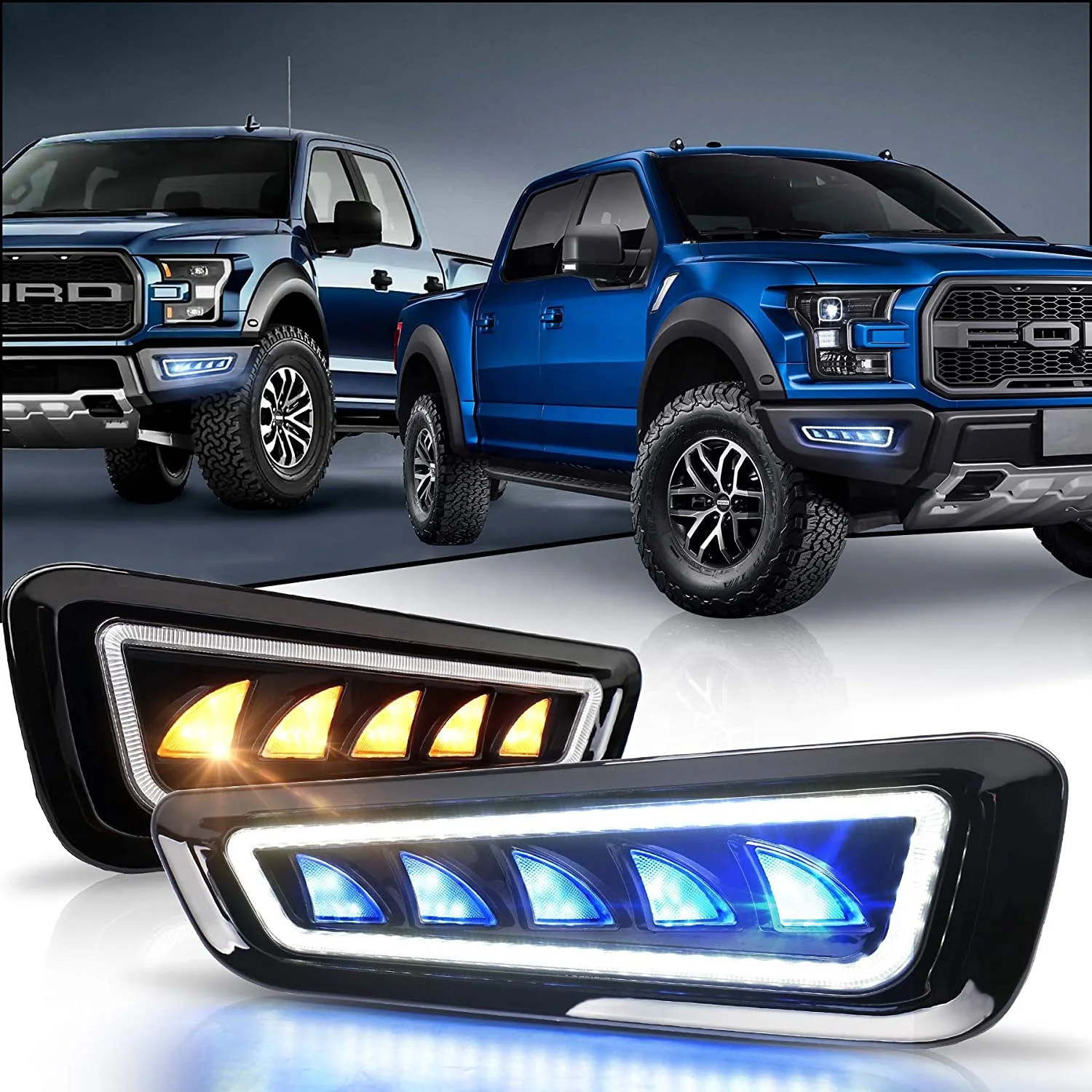 OVOVS Auto Lighting System 12V 24V Three Color Turn Signal Light with White Yellow Blue DRL Turn Signal Fog Lamp for Ford Raptor