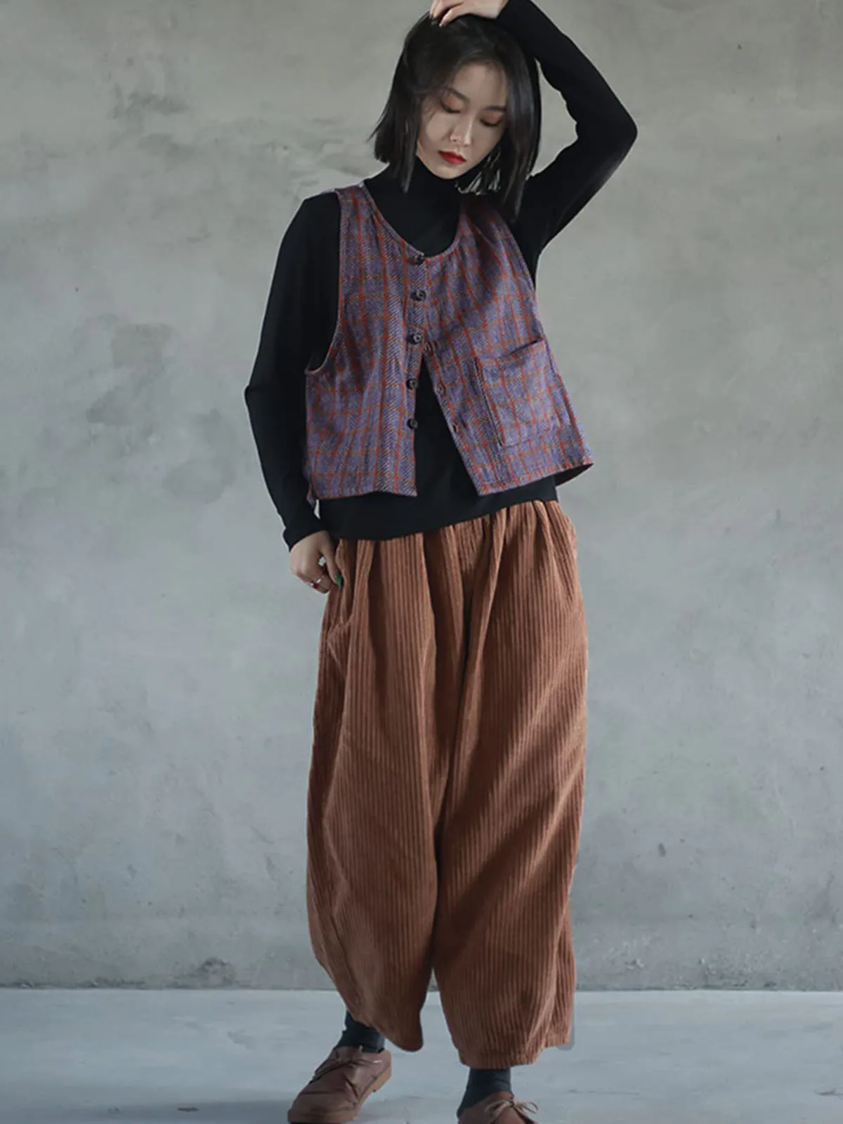 Sen femmes printemps coton lin Vintage grille costume gilet sans manches bouton décontracté veste courte haut bas gilet avec poches
