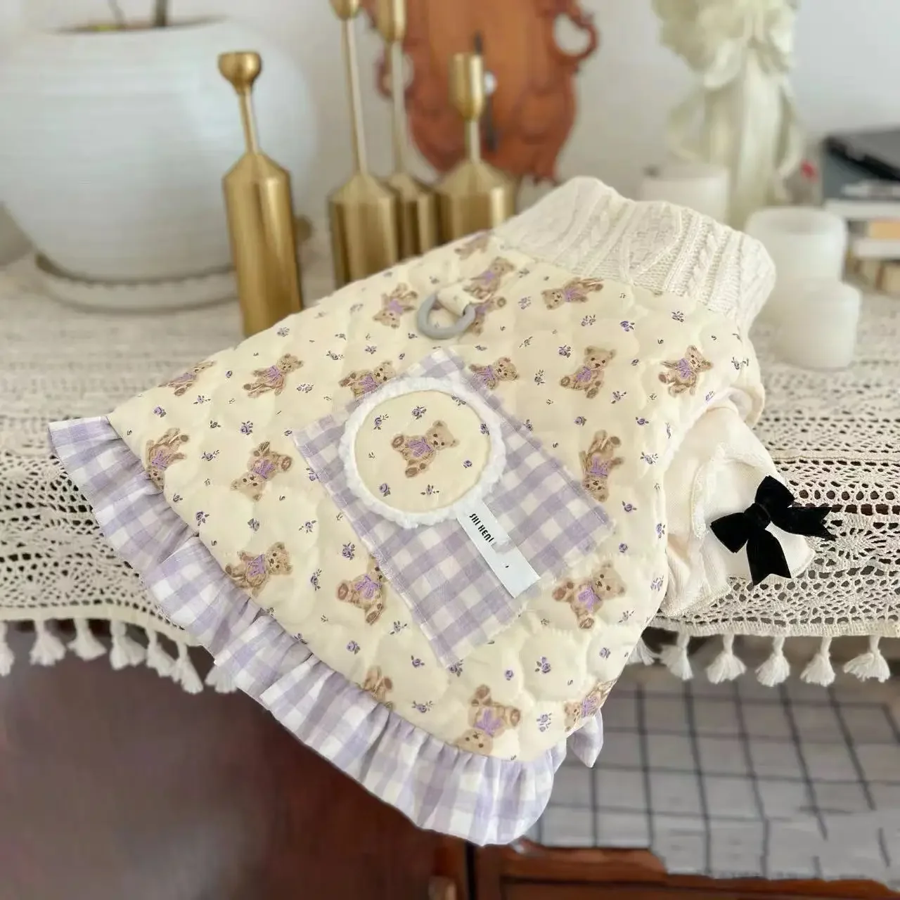 

Pet Plaid Lace Floral Coat Autumn Winter Dog Parkas Thicker Bow Base Shirt Teddy Bears and Pets in Winter Clothes for Small Dogs