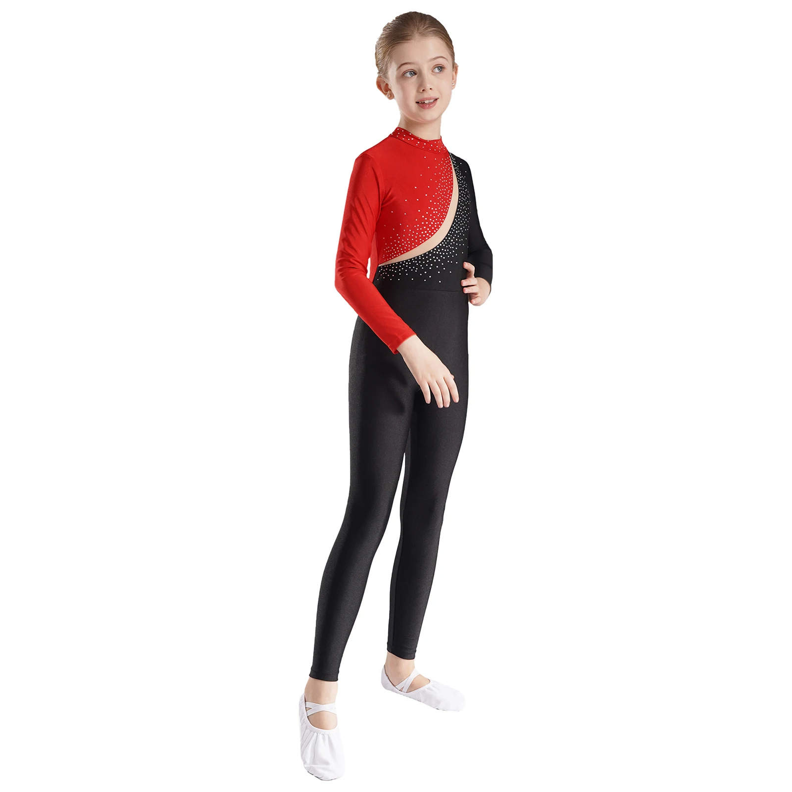 Kids Girls Gymnastics Ballet Dance Leotard Long Sleeve Rhinestone Jumpsuit Bodysuit Figure Skating Stage Performance Costume