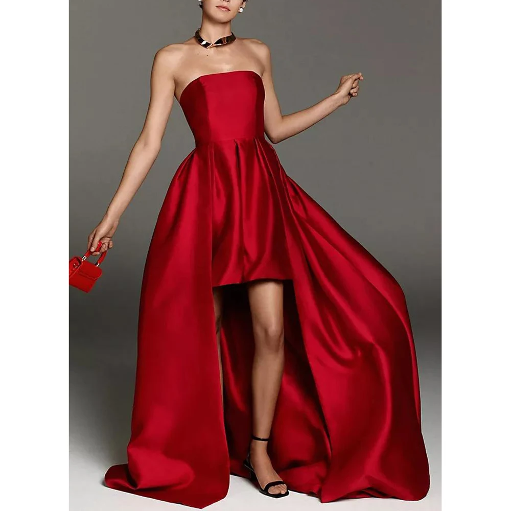 

Elegant Simple Red Trailing Evening Dress Strapless Slim Pleat Long A-Line Dresses Evening Party Grown Formal Occasion vestidos