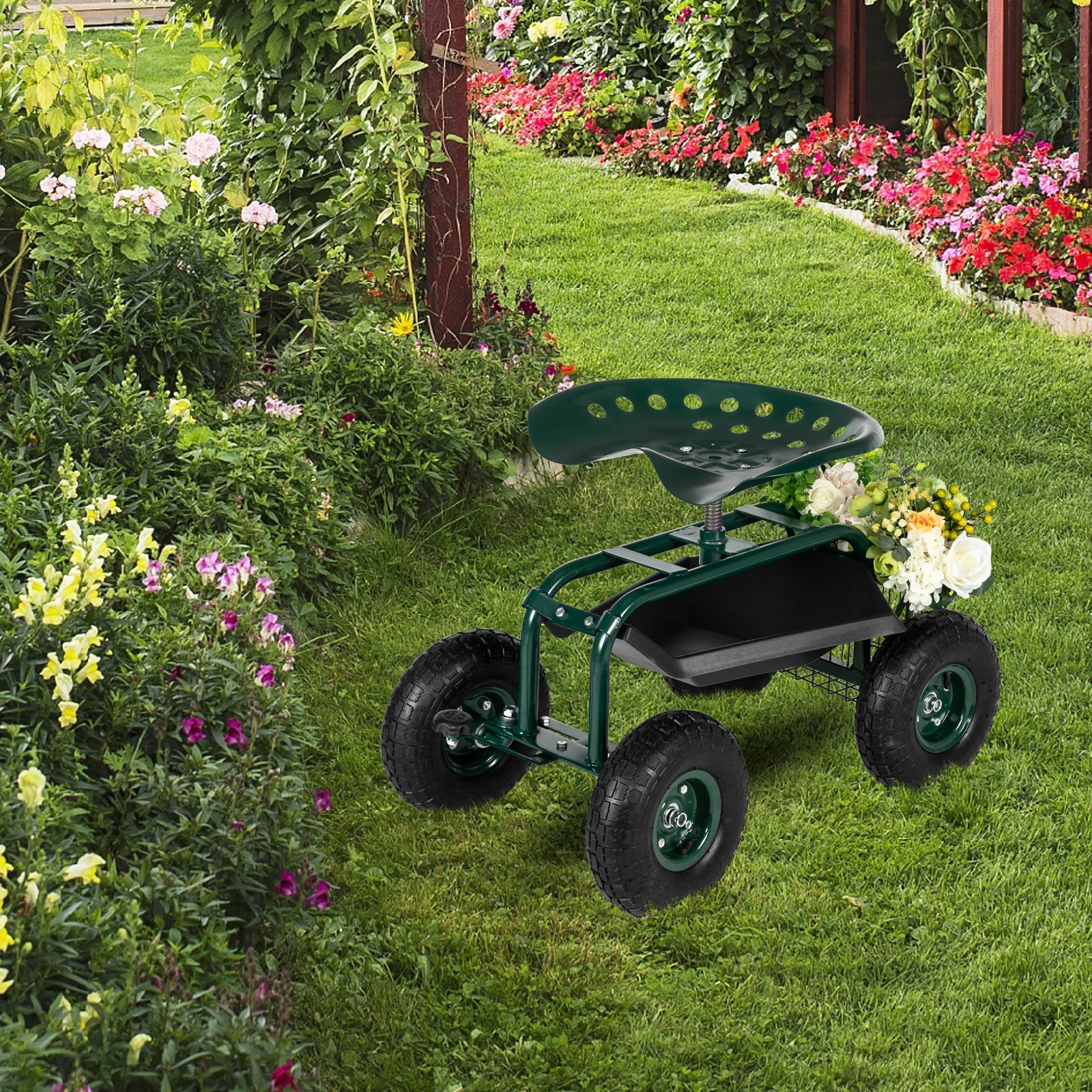 75*45*47cm Iron Short Handle Garden Seat Car, Garden Cart Rolling Work Seat Outdoor