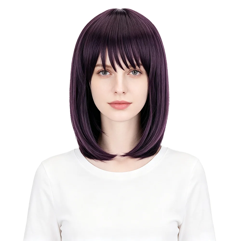 

Dark Purple Black Bangs Bob Wig 35cm Natural Inward Buckle Glueless Heat Resistant Synthetic Wig For Women Daily Party Wear