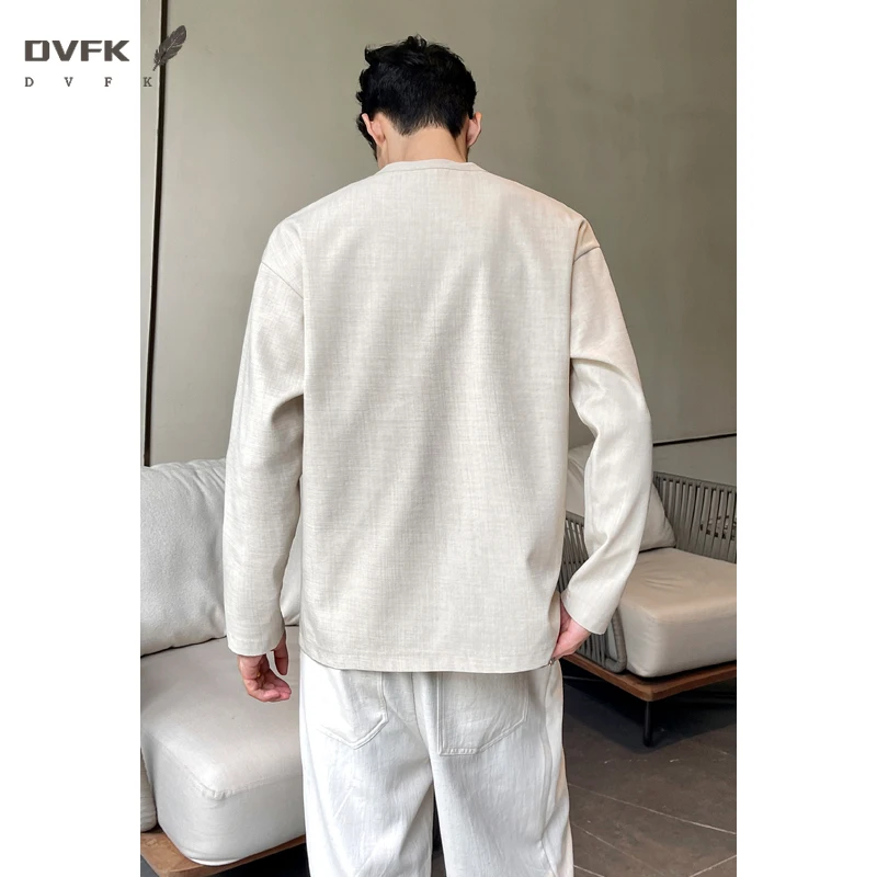 Mens Three Quarter Sleeve Henley T Shirt Linen Texture Half Button Loose Fit Lightweight Blouse - view 4