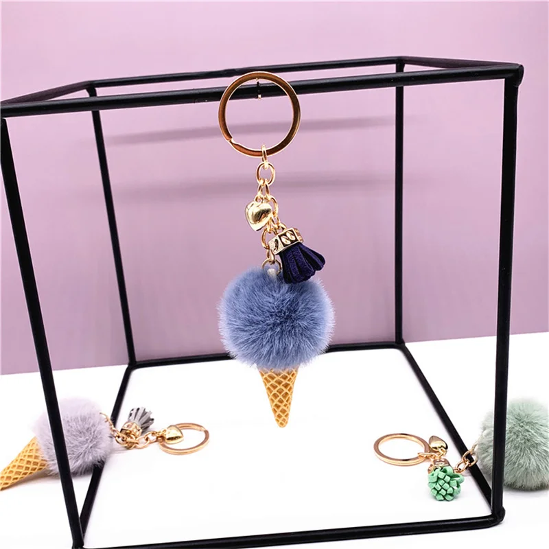 New Ice Cream Fluffy Ball Keychain Ring Pompon Pendant Keychain Cute Cartoon Keychain Cone Suspended Car Gifts