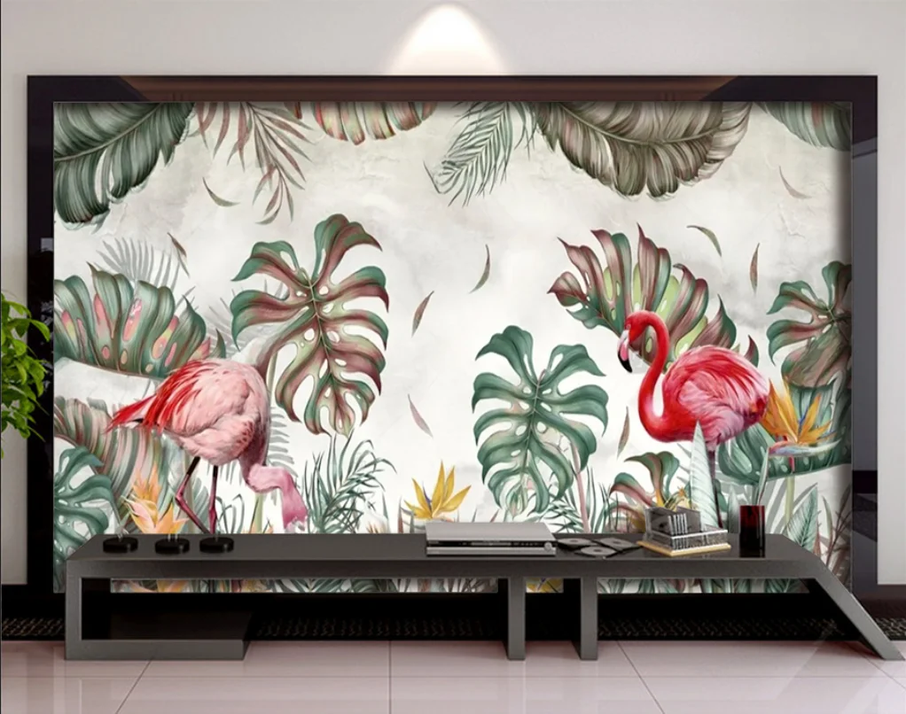 

Custom Size 3D Mural Rainforest Plant Wallpaper with Flamingos And Coconut Tree Home Decor Living Room Wall Decor 3d wallpaper