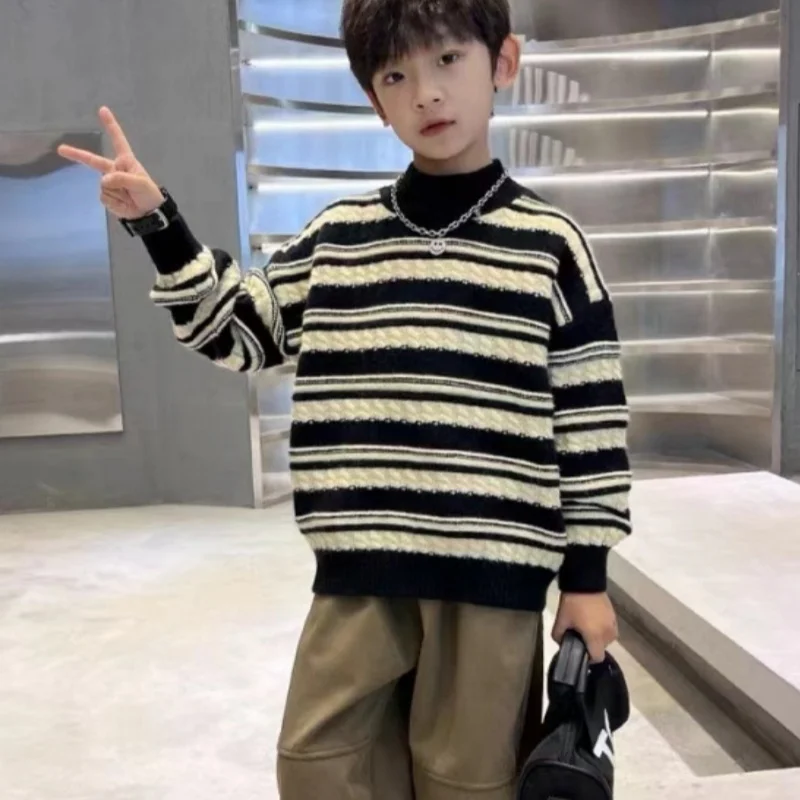 Boys Woolen Sweater Cotton Knitting Windbreak 2025 Stripe Plus Thicken Autumn Winter Outwear Sport Teenagers Christmas Warm Chil image 5