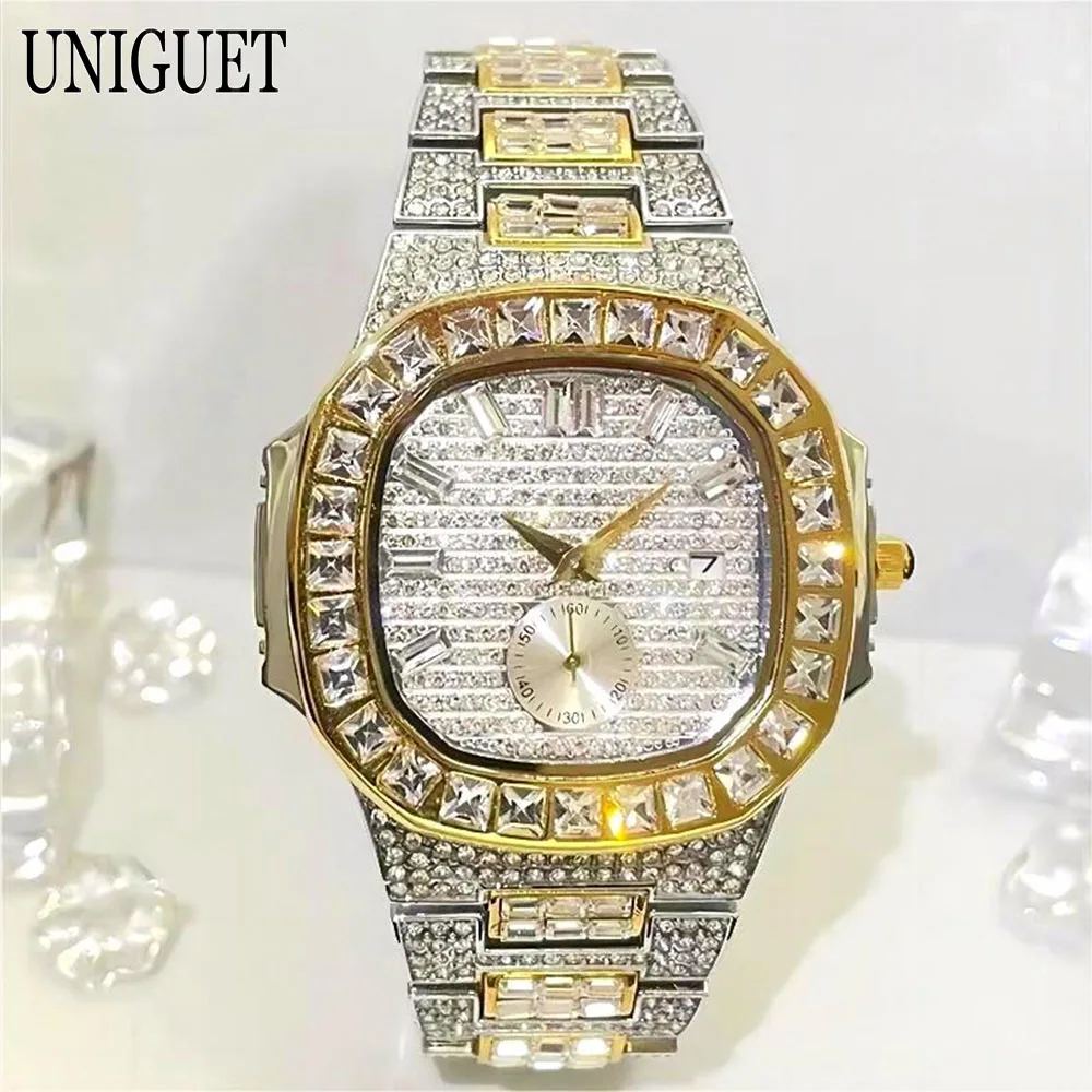 Luxury 18k Gold Watch For Men Fashion Stainless Steel Iced Out Watch Man\'s Hip Hop Square Diamond Quartz Wristwatch Dropshipping