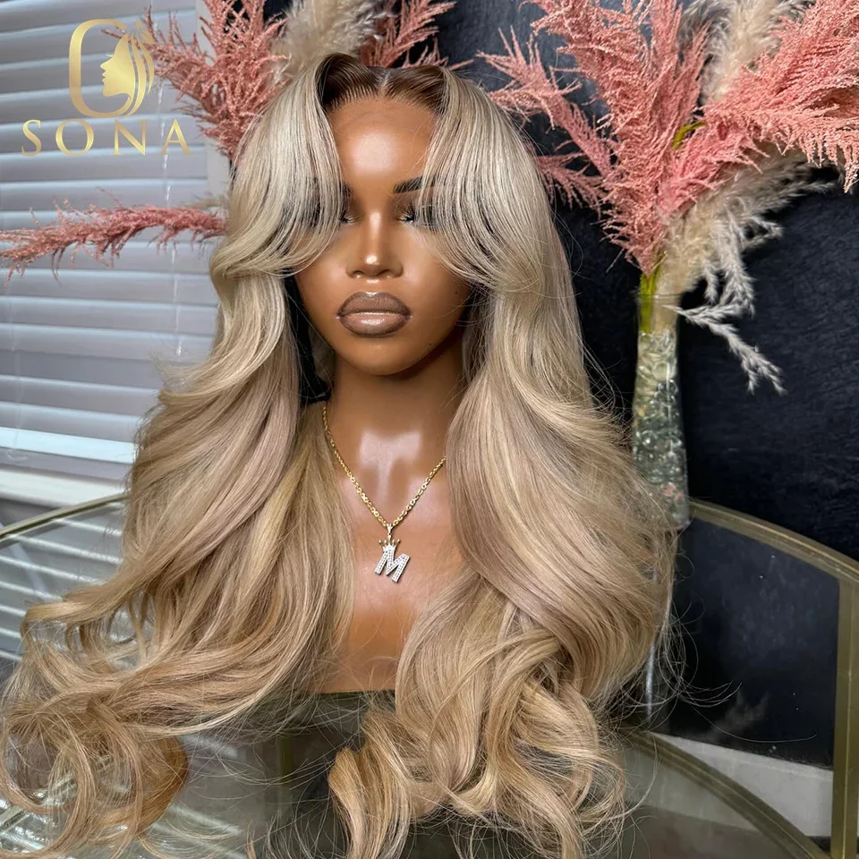 Dark Roots Honey Ash Blonde Body Wave 13x6 HD Transparent Lace Frontal Human Hair Wigs For Woman Pre Plucked Remy Brazilian Hair