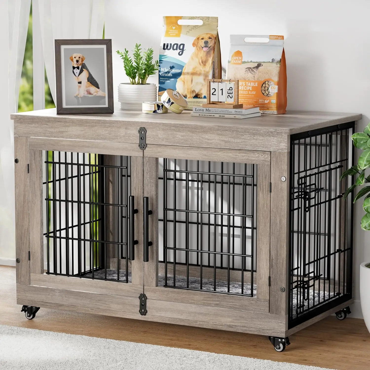 

Dog Crate Furniture with Cushion, Large Wooden Dog Kennel Indoor with Double Doors, Cage with Wheels, House Side End Table