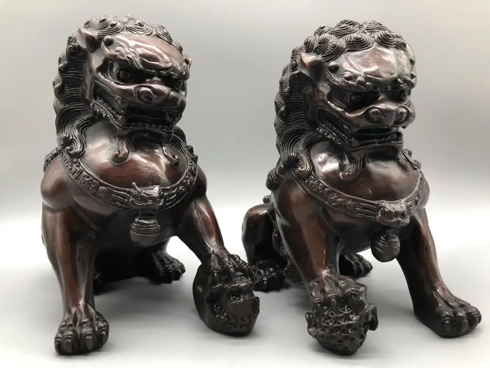 Collect exquisite Copper bronze Foo Fu Dog guardian Lion Pair lucky big Statue