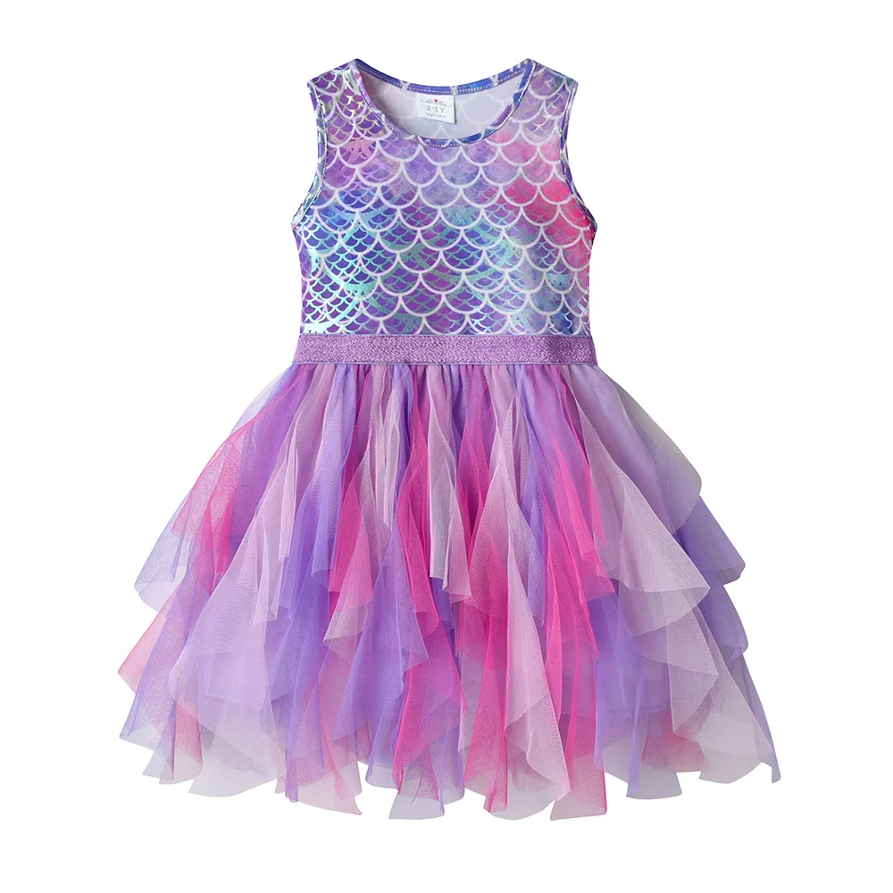 VIKITA Kinder Sommer Ärmellose Kleider Mädchen Meerjungfrauenkleid Mädchen Geburtstagsparty Tutu Mesh Mehrschichtige Kleider Kinderkleidung 3-8 Jahre – Detail 13