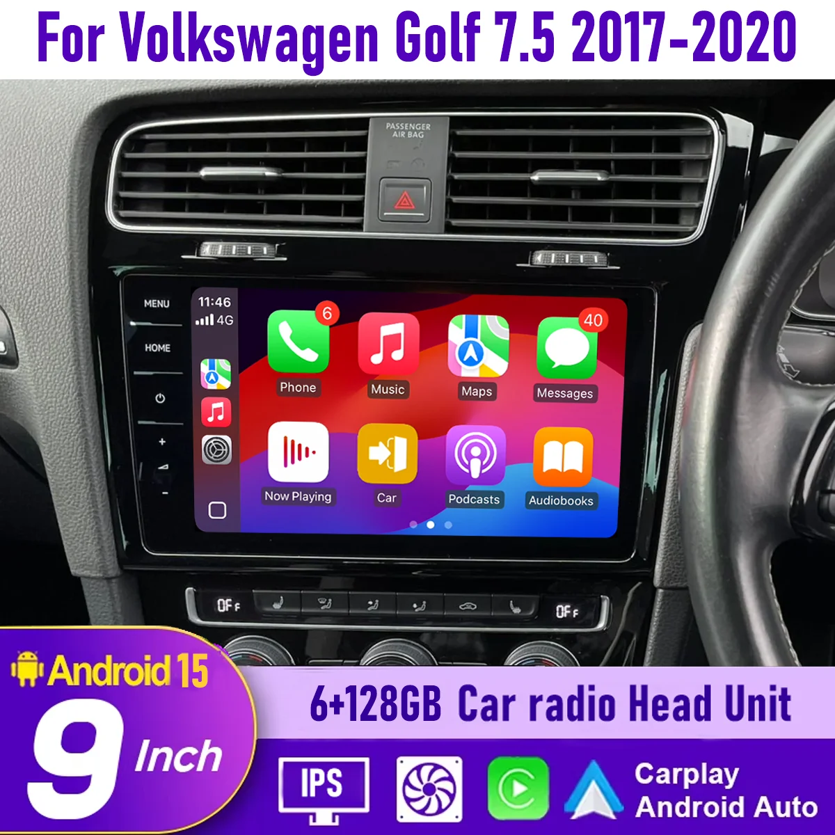 

9“ Wireless CarPlay Android auto 6-128GB (8CORE) For VW Golf 7.5 2017-20 MQB Radio QLED Screen Android Head Unit Navigation Car