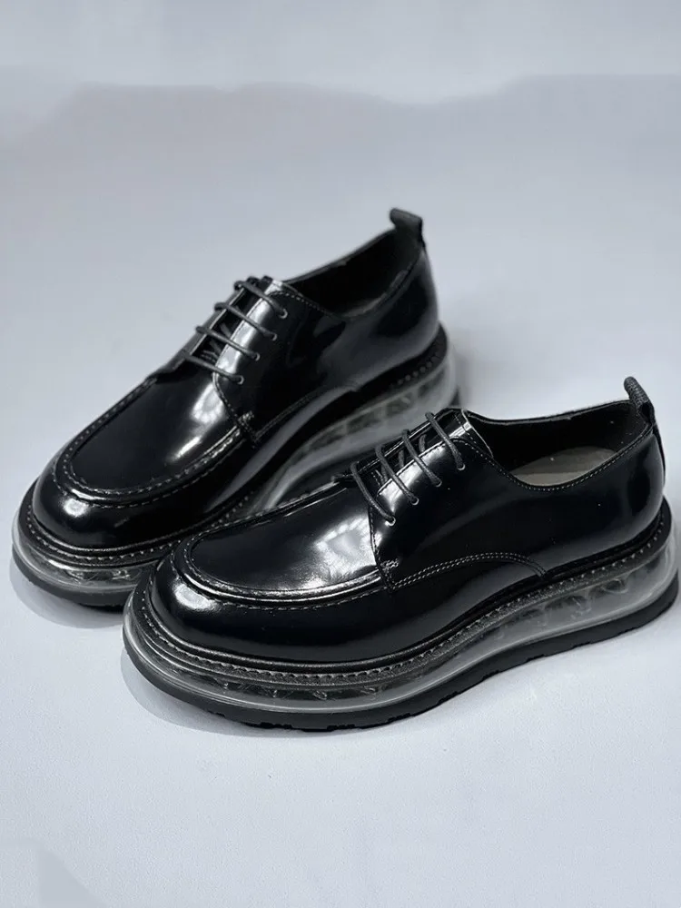 Thick Bottom Mens Genuine Leather Dress Shoes Lace Up Black Cowhide Patent Leather Business Casual Office Men Formal Derby Shoes