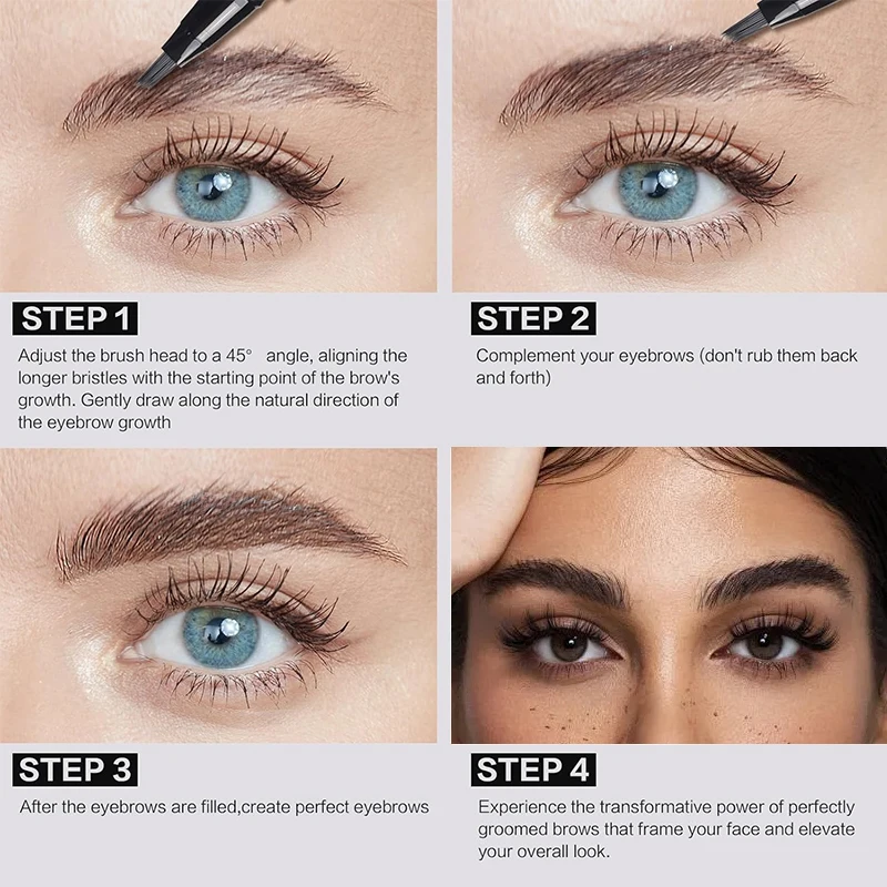 قلم حواجب سائل بأربعة ألوان - فرشاة ألياف مقاومة للماء ذات أطراف رفيعة لضربات تشبه الشعر الطبيعي وتحديد طويل الأمد