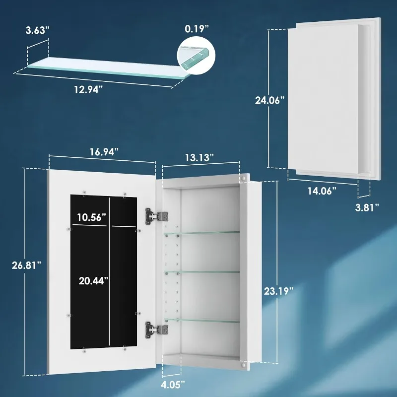 Concealed Medicine Cabinet, Picture Frame Medicine Cabinet, 14”W x 24”H ID, 17”W x 27”W OD, White, Wood, 4 Tier Shelf