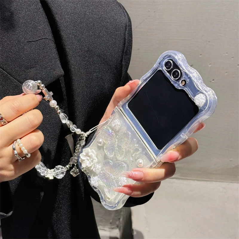 삼성 갤럭시 Z 플립 3 4 5 케이스 3D 만화 나비 팔찌 웨이브 삼성 Z Flip5 ZFlip5에 대한 명확한 충격 방지 커버