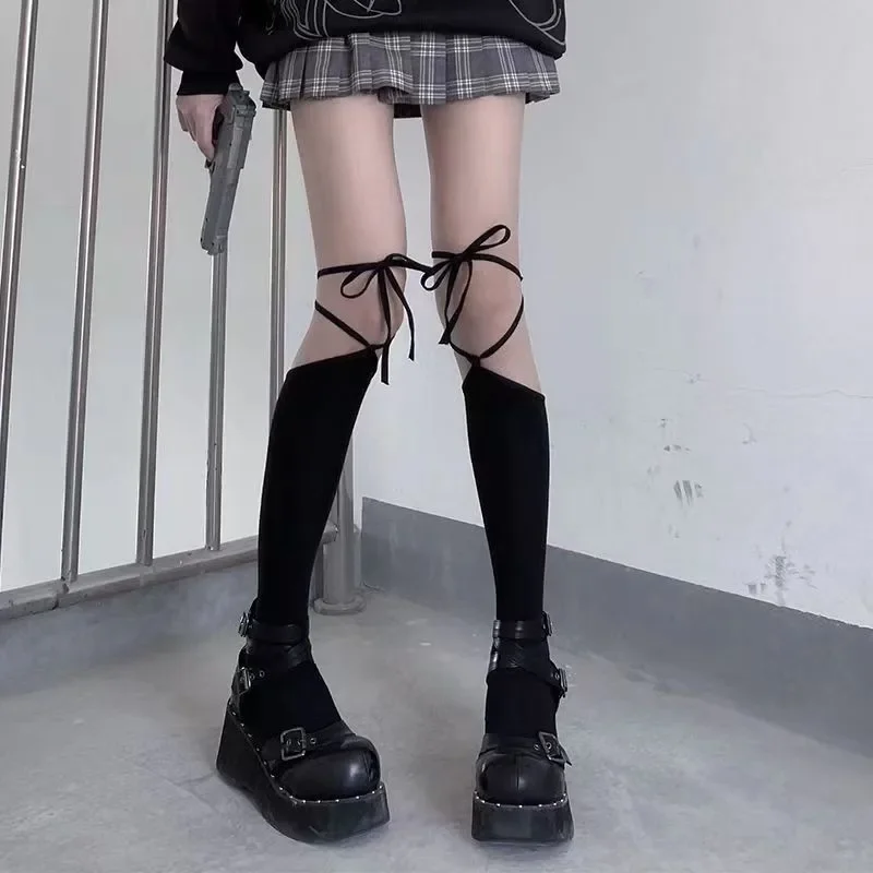 Estilo japonês mulheres lolita malha coxa meias altas harajuku gótico jk cos meninas bandagem trajes do estudante sobre o joelho meias
