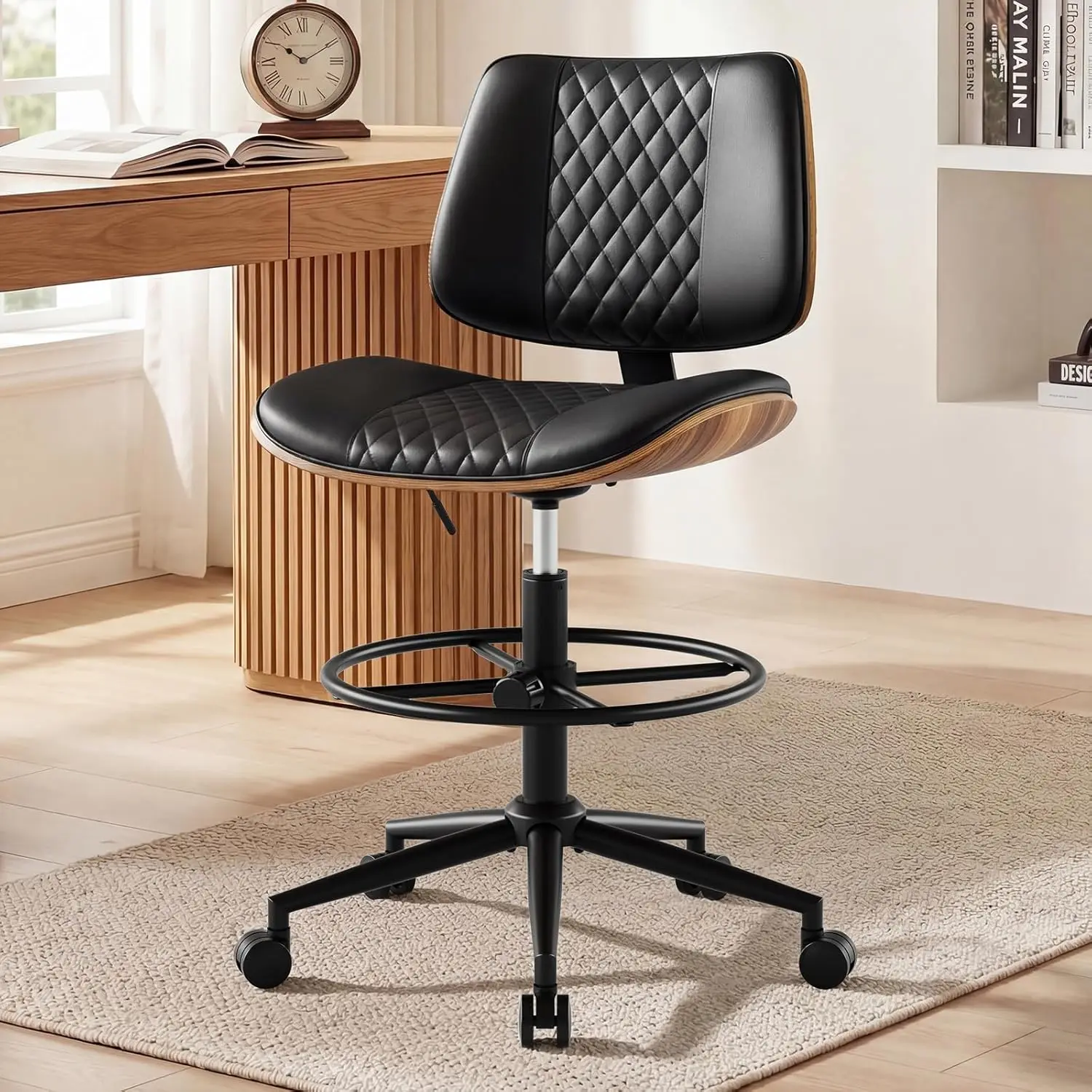 Drafting Chair with Adjustable Footrest, Tall Office Chair for Standing Desk, PU Leather Swivel Stool, Ergonomic Rolling Chair, Walnut