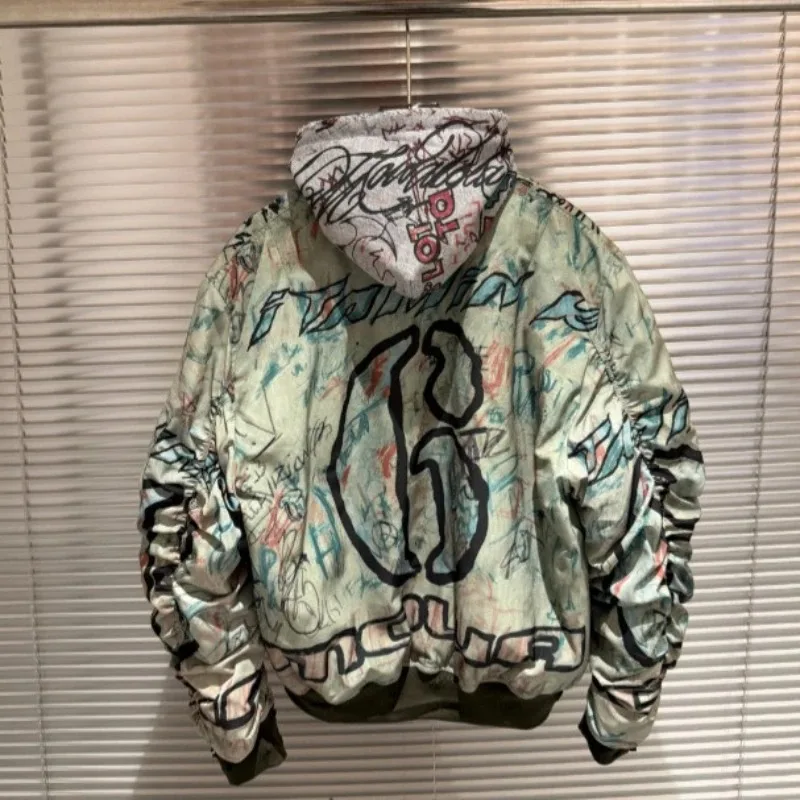 26 SS London Underground Art Graffiti Washed Pilot Jacket Distressed Texture Loose Cropped Padded Bomber Hooded Coat