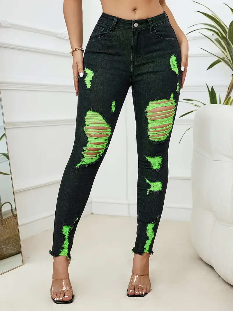 2024 Summer New Women\'s Ripped Jeans Fashionable High Stretch Skinny Denim Pencil Pants Slim Comfortable Knit Jeans S-2XL