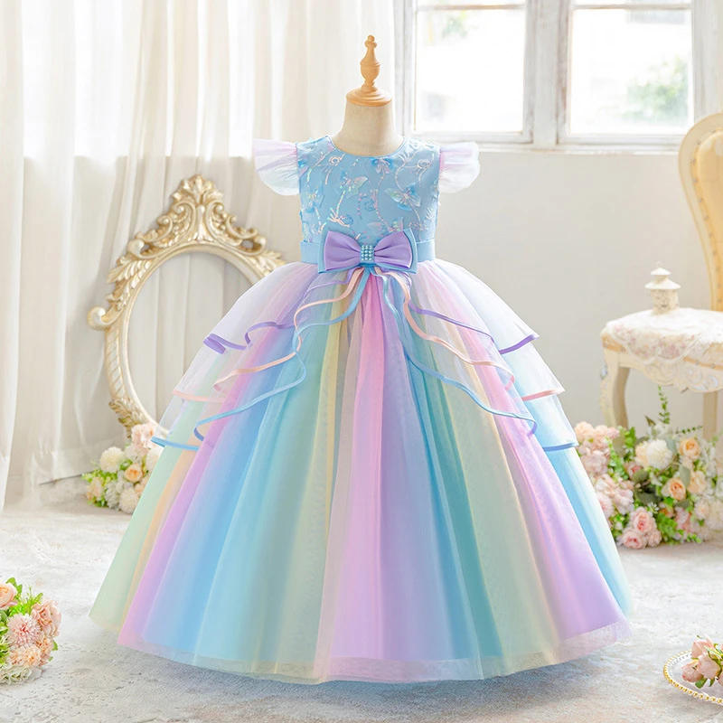 New girls' dress with ribbon bows and rainbow princess design