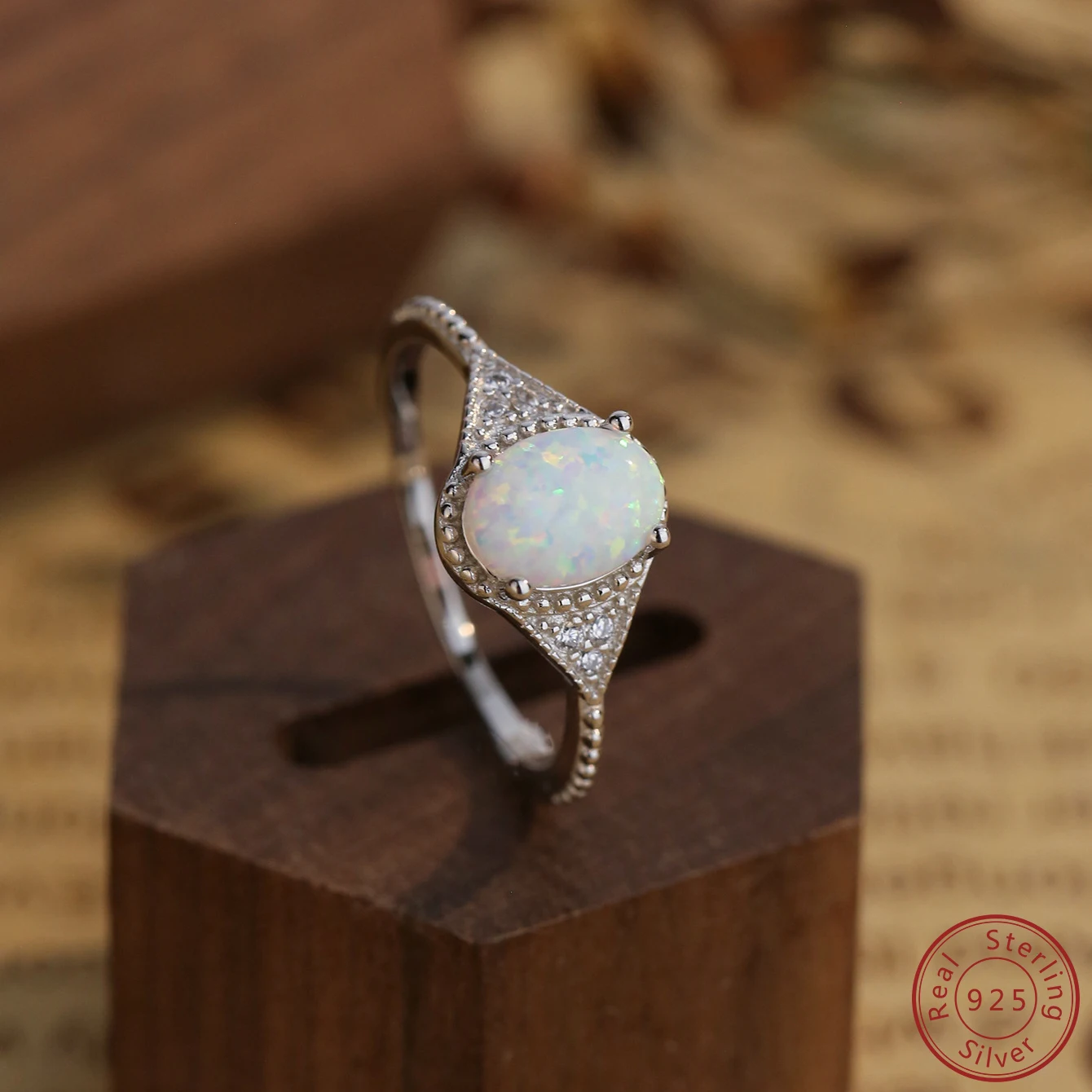 2024 European and American 925 Sterling Silver Conical White Opal Stone ring Party Christmas Exquisite Jewelry Gift female