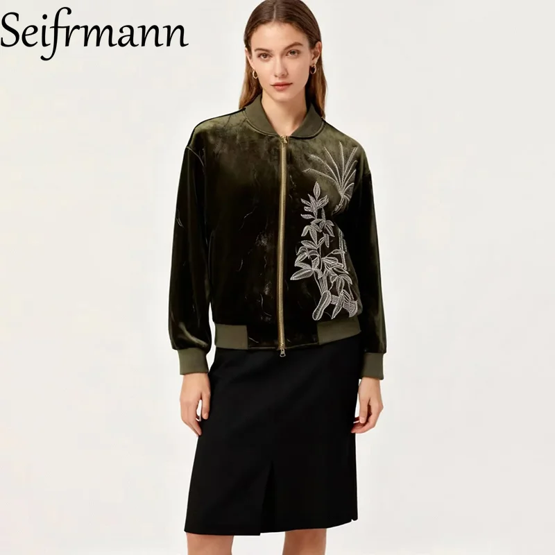 

Seifrmann 2026 Spring Women's New Fashionable Stand up Collar Long Sleeve Embroidered Velvet Zipper Jacket Coat