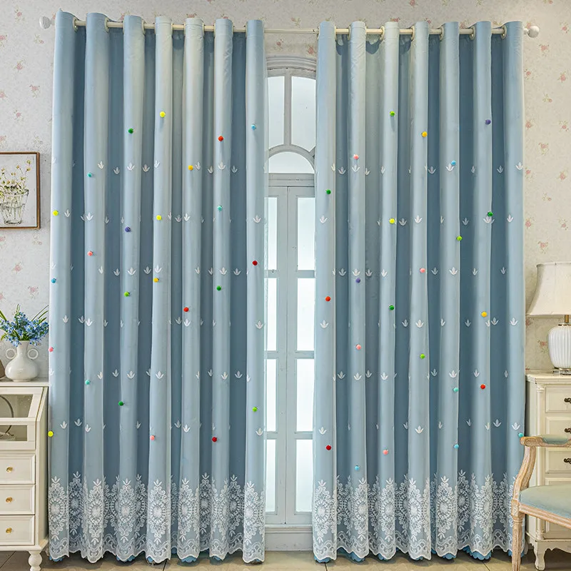 Double Layer Sheer & Solid Curtain with Colorful Pompoms, Light Filtering Blackout Window Curtains for Living Room Bedroom