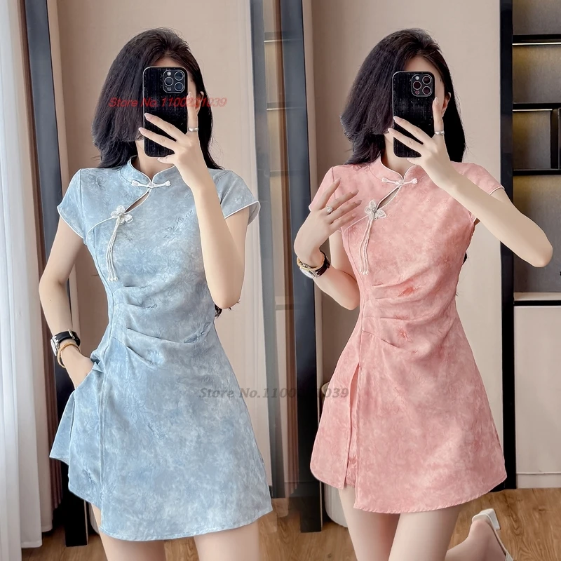 

2025 chinese sexy qipao cheongsam dress+shorts traditional jacquard nightclub dress qipao hotel spa work dress beauty uniform