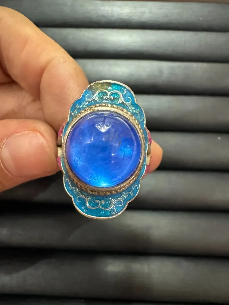 

Tibetan Silver Cloisonne Ring, Inlaid Blue Star Sapphire, Retro Ethnic Style, Adjustable Open Band, Unisex Vintage Finger