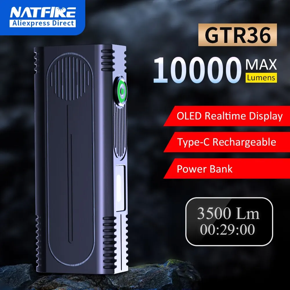 NATFIRE GTR36 MAX 10000Lms ALTO Brilho Lanterna LEDs À Prova D' Água Tocha De Caça USB-C Lanterna Tática Recarregável