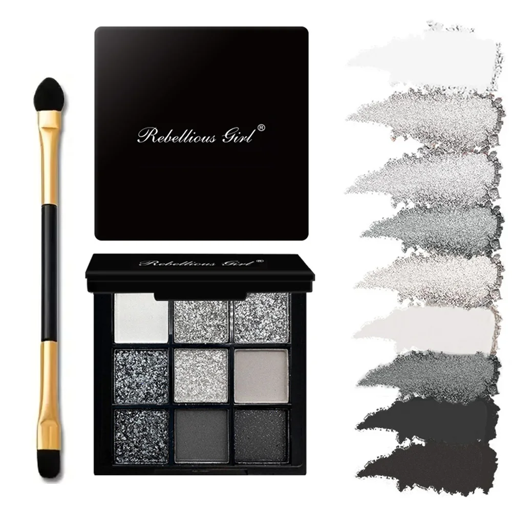 9색 아이섀도 팔레트: 블랙 스완, 스모키, 다크 블랙, 그레이 실버 글리터, 매트 피니시, 지속력 좋고 발색 용이