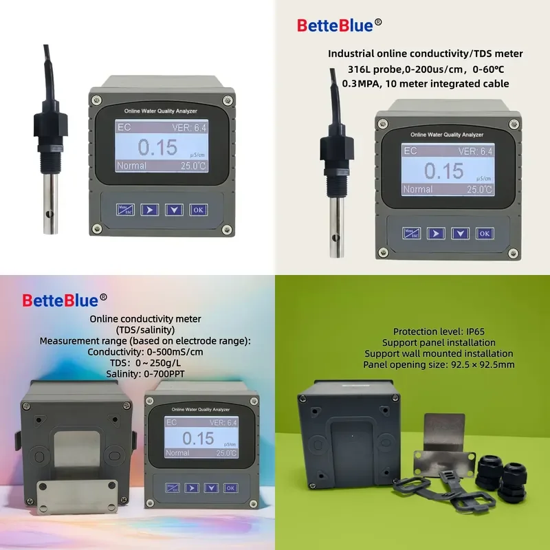 for BetteBlue Digital Online Conductivity Meter Resistivity TDS Salinity Tester for Water Treatment 316L Electrode NPT1/2