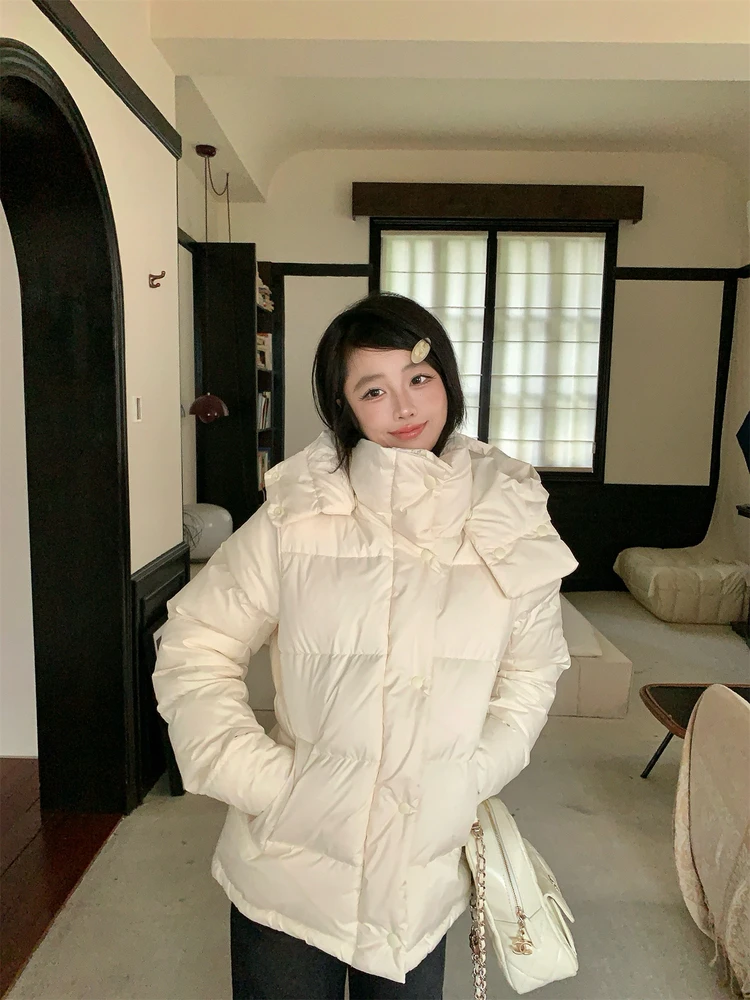 Cappotto Imbottito in Piuma Bianca con Cappuccio per Donna, Giacca Casual Calda con Chiusura a Zip e Maniche Lunghe