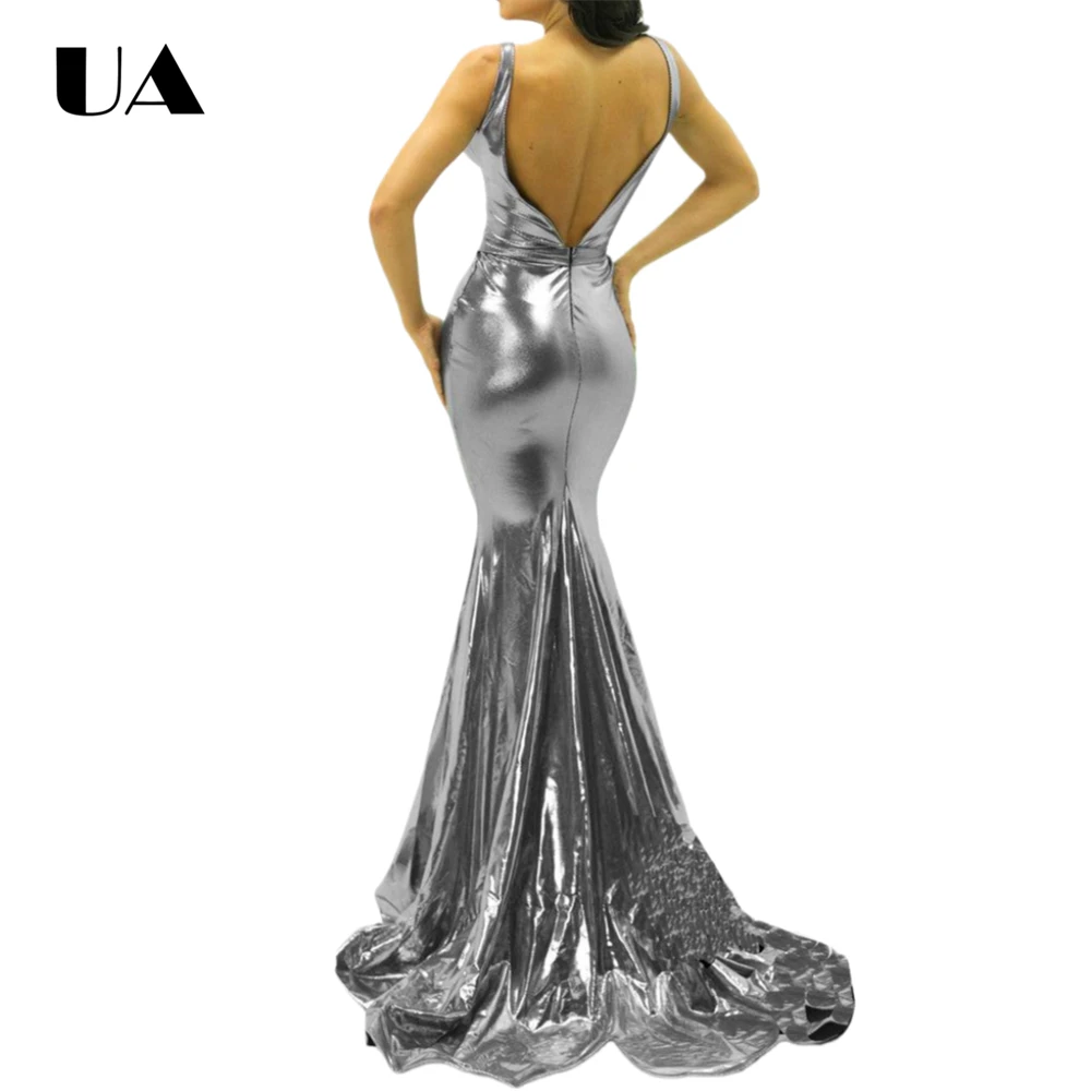 فستان حفلة موسيقية فضي معدني أشرطة سباغيتي فساتين سهرة طويلة للنساء، فستان حفلات غمد عميق على شكل حرف V مقاس مخصص #2