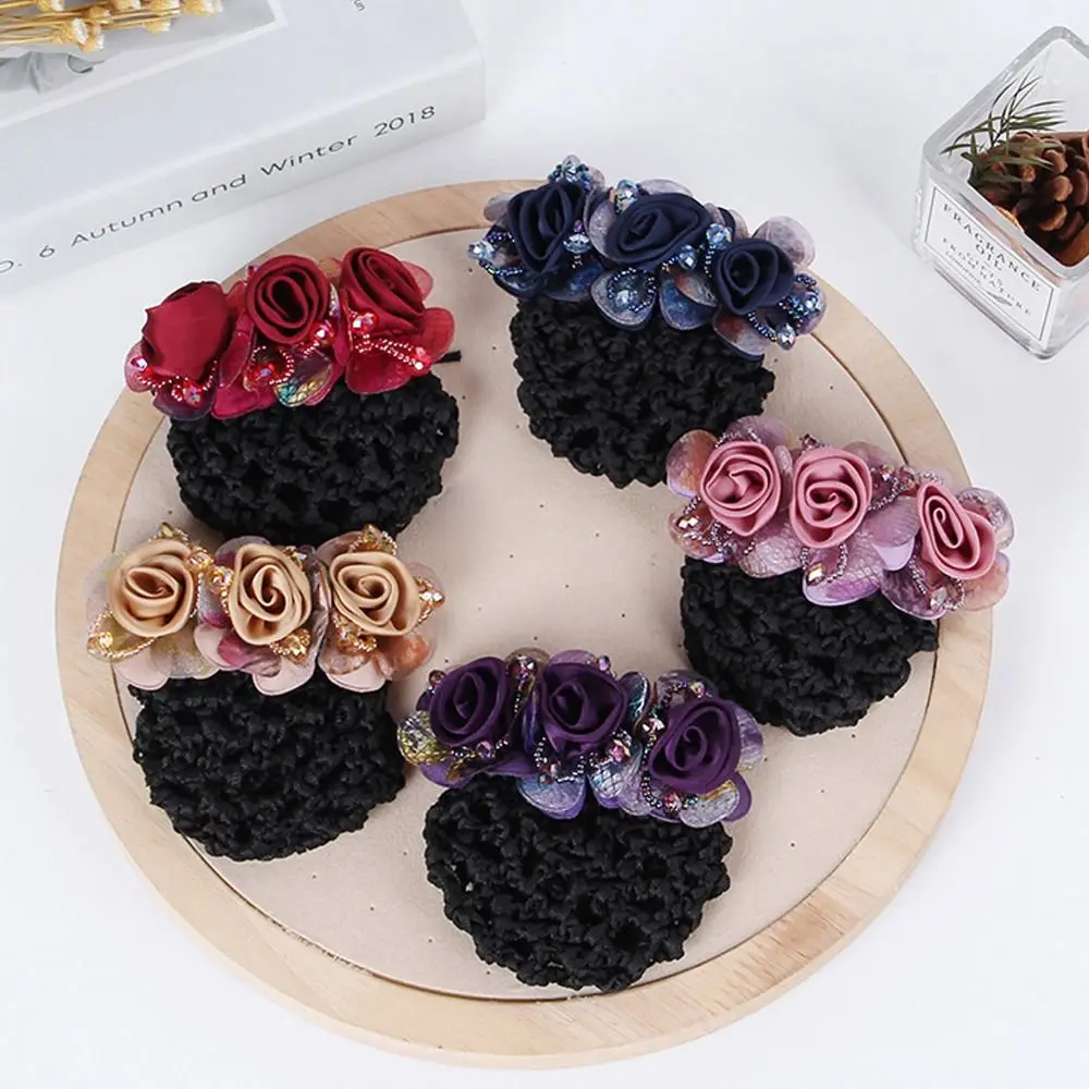 Flight Attendant Barrettes Crochet Hair Clip Spring Clip Beaded Flower Bun Snood Women Bun Net Zircon Crystal Hairnet Cover