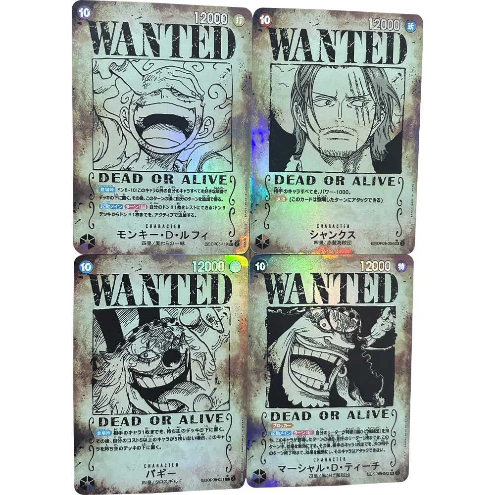 

4Pcs/set Anime OPCG Wanted Collection Cards Monkey D.Luffy Shanks Marshall D teach Buggy Relief Texture Card Child Gifts