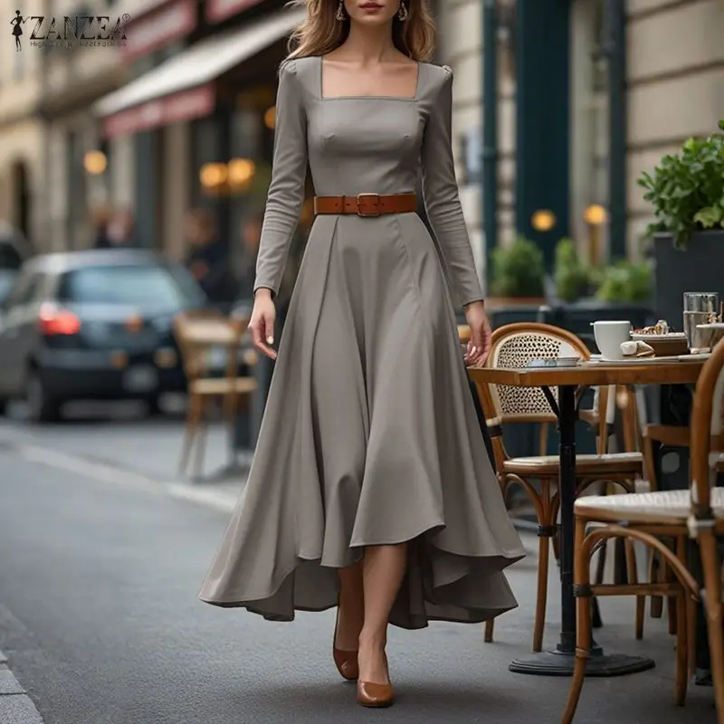 

ZANZEA Elegant Party Vestidos Women Long Dress Autumn Long Sleeve Square Collar Solid Sundress 2025 Fashion Asymmetric Maxi Robe